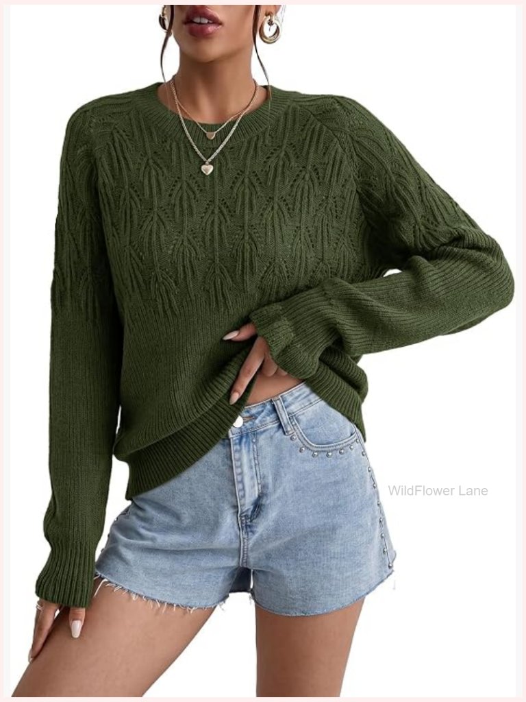 Crew Neck Long Sleeve Sweater Hollow Out Knit Pullover Tops